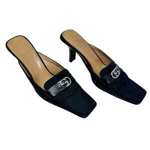 Gucci GG Logo Canvas Mule Heels Black Square Toe Slide Pumps 7.5 Made in Italy